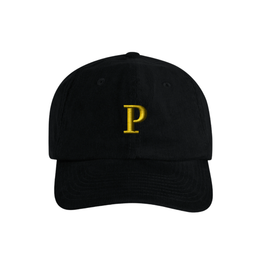 Schwarze Cord Cap — personalisierbar mit gelber Schrift